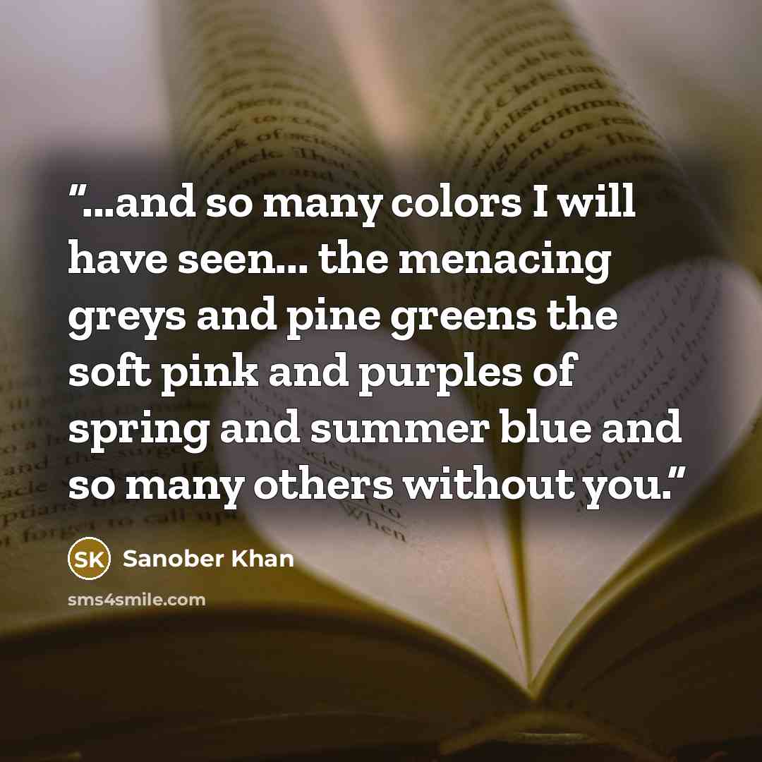 “...and so many colors I will have seen... the menacing greys and pine greens the soft pink and purples of spring and summer blue and so many others without you.” quote by Sanober Khan