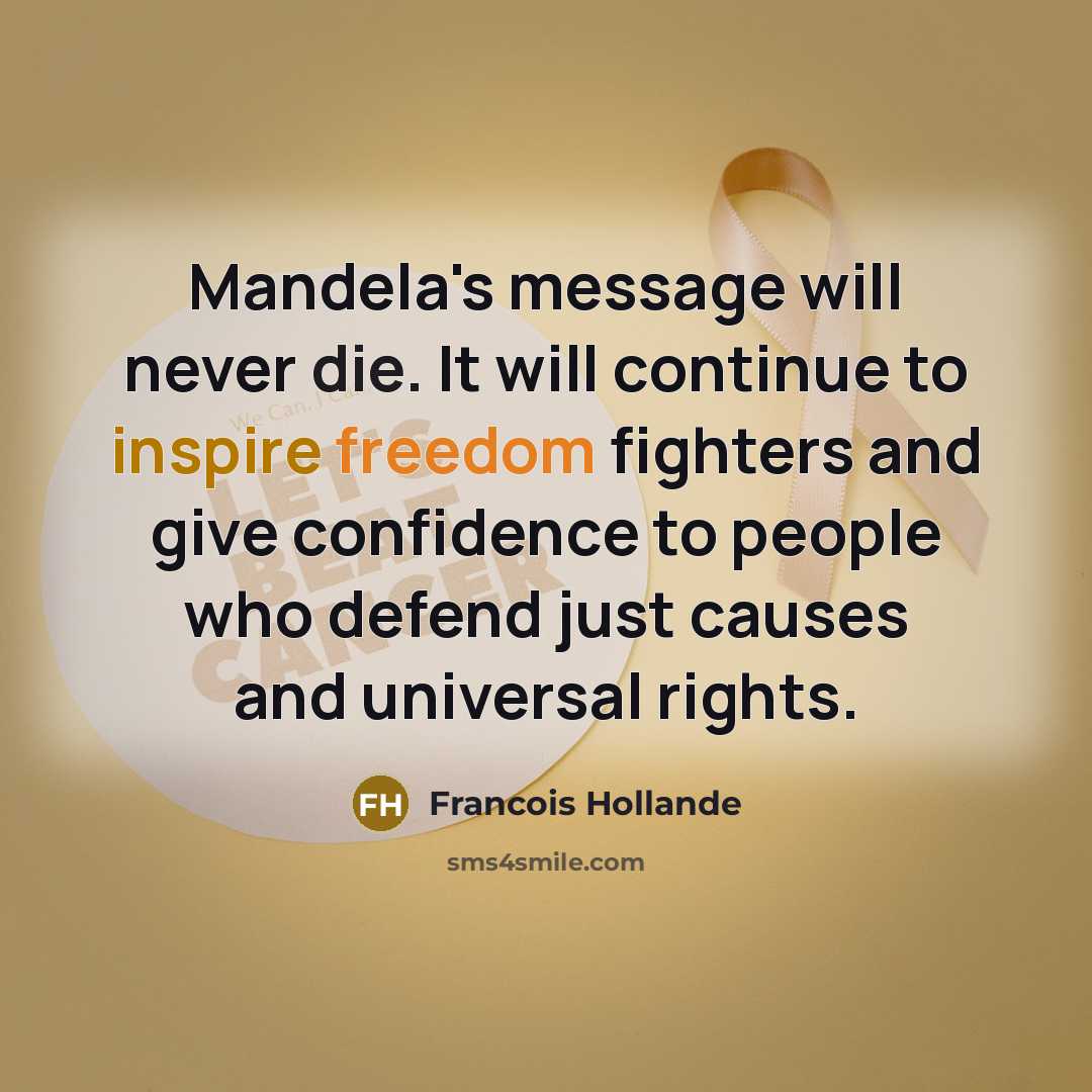 “Mandela's message will never die. It will continue to inspire freedom fighters and give confidence to people who defend just causes and universal rights.” quote by Francois Hollande