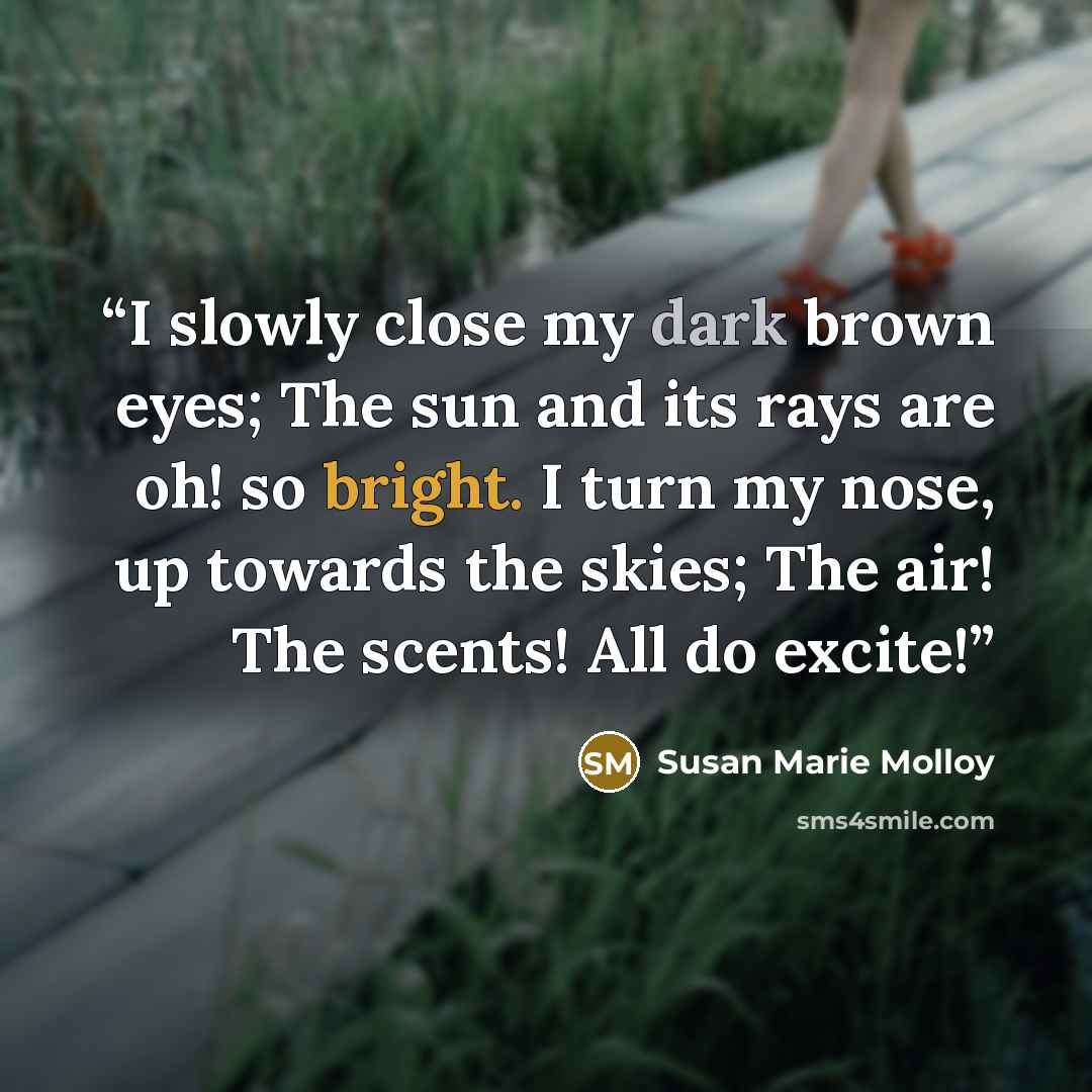 “I slowly close my dark brown eyes; The sun and its rays are oh! so bright. I turn my nose, up towards the skies; The air! The scents! All do excite!” quote by Susan Marie Molloy