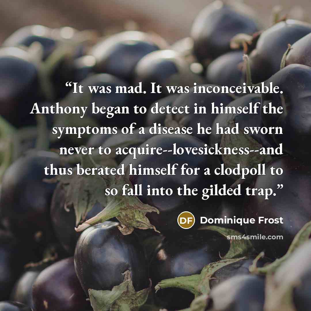 “It was mad. It was inconceivable. Anthony began to detect in himself the symptoms of a disease he had sworn never to acquire--lovesickness--and thus berated himself for a clodpoll to so fall into the gilded trap.” quote by Dominique Frost