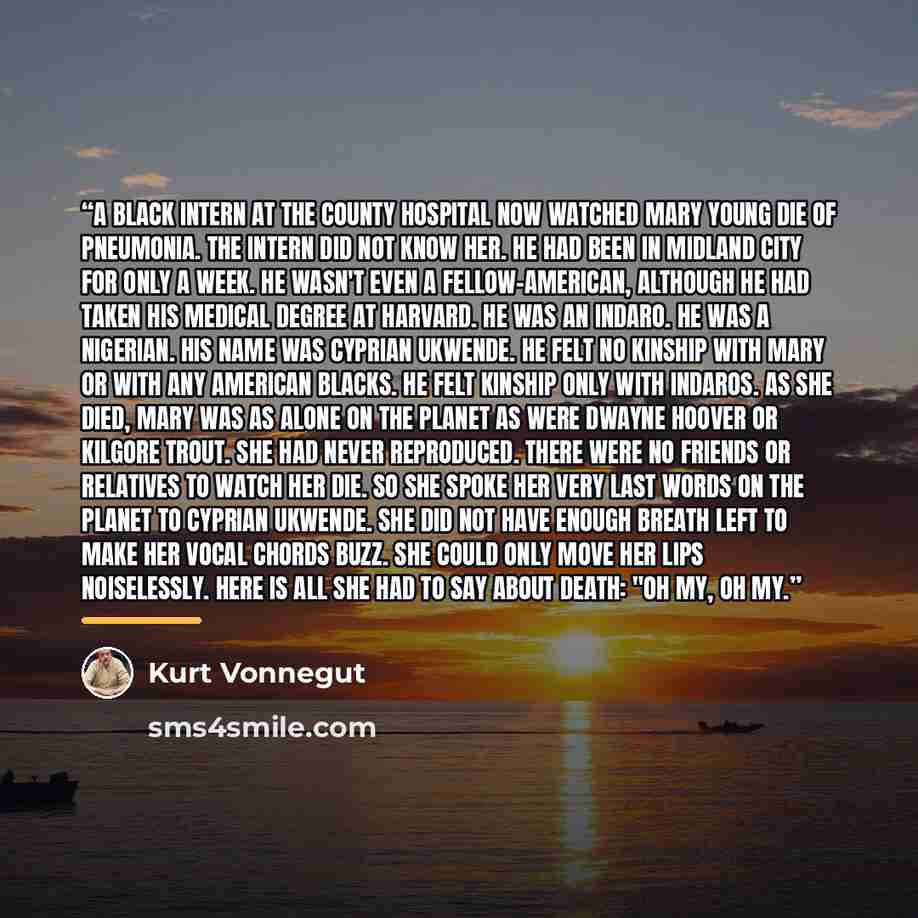 “A black intern at the County Hospital now watched Mary Young die of pneumonia. The intern did not know her. He had been in Midland City for only a week. He wasn't even a fellow-American, although he had taken his medical degree at Harvard. He was an Indaro. He was a Nigerian. His name was Cyprian…” quote by Kurt Vonnegut