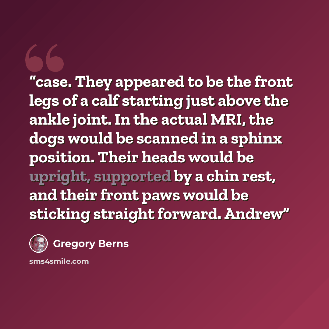 “case. They appeared to be the front legs of a calf starting just above the ankle joint. In the actual MRI, the dogs would be scanned in a sphinx position. Their heads would be upright, supported by a chin rest, and their front paws would be sticking straight forward. Andrew” quote by Gregory Berns