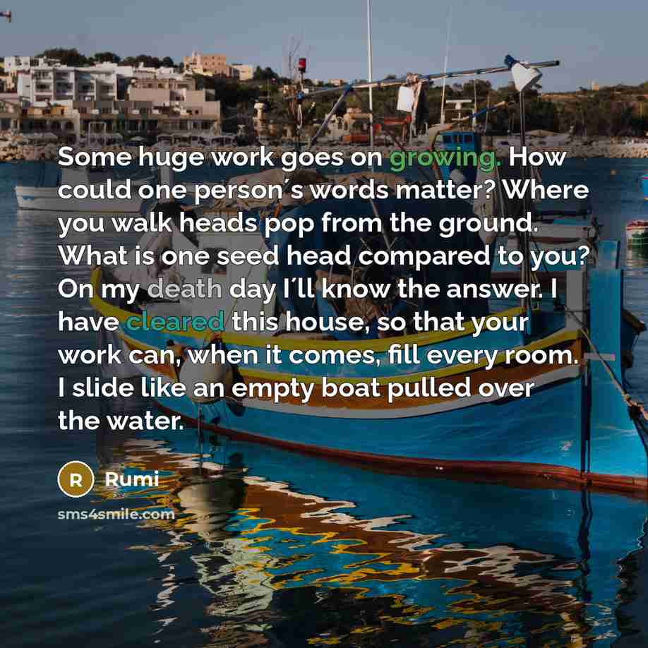 “Some huge work goes on growing. How could one person´s words matter? Where you walk heads pop from the ground. What is one seed head compared to you? On my death day I´ll know the answer. I have cleared this house, so that your work can, when it comes, fill every room. I slide like an empty boat…” quote by Rumi