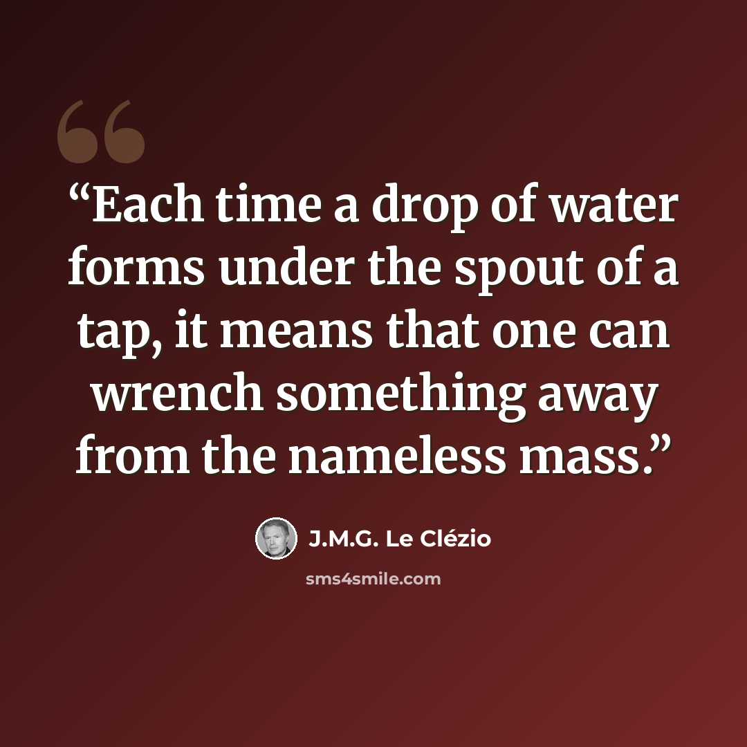 “Each time a drop of water forms under the spout of a tap, it means that one can wrench something away from the nameless mass.” quote by J.M.G. Le Clézio