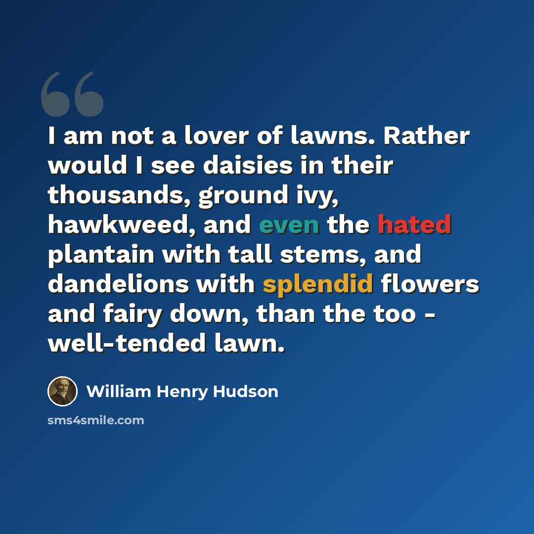 “I am not a lover of lawns. Rather would I see daisies in their thousands, ground ivy, hawkweed, and even the hated plantain with tall stems, and dandelions with splendid flowers and fairy down, than the too - well-tended lawn.” quote by William Henry Hudson