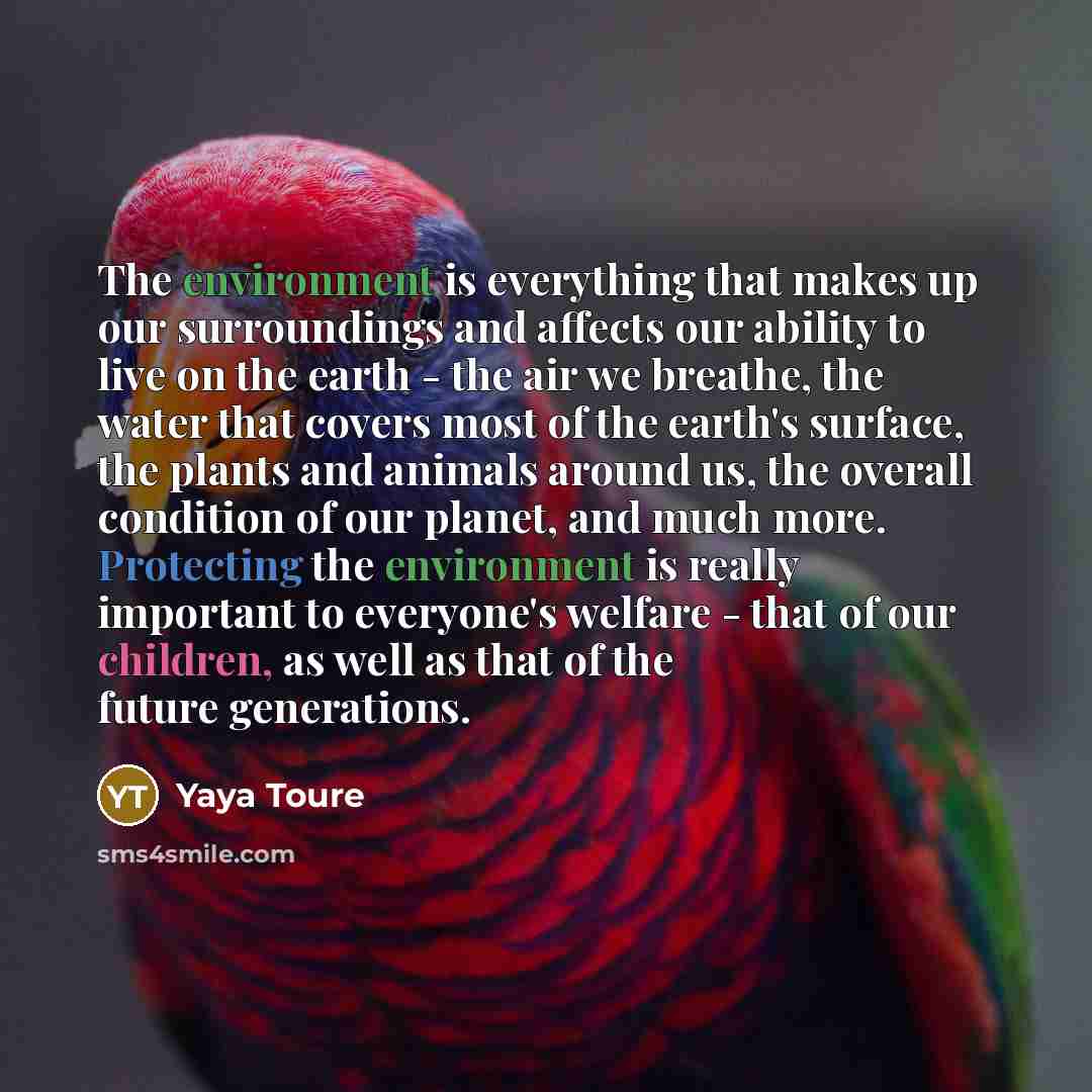 “The environment is everything that makes up our surroundings and affects our ability to live on the earth - the air we breathe, the water that covers most of the earth's surface, the plants and animals around us, the overall condition of our planet, and much more. Protecting the environment is…” quote by Yaya Toure