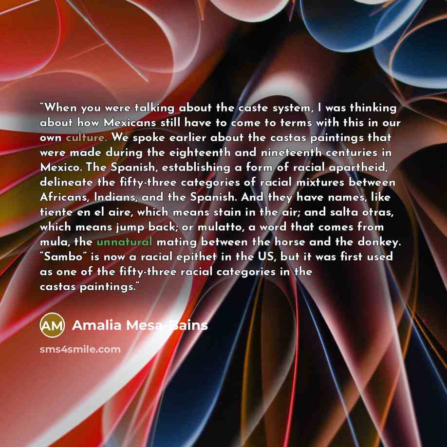 “When you were talking about the caste system, I was thinking about how Mexicans still have to come to terms with this in our own culture. We spoke earlier about the castas paintings that were made during the eighteenth and nineteenth centuries in Mexico. The Spanish, establishing a form of racial…” quote by Amalia Mesa-Bains