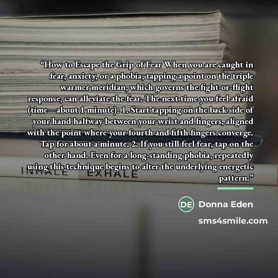 “How to Escape the Grip of Fear When you are caught in fear, anxiety, or a phobia, tapping a point on the triple warmer meridian, which governs the fight-or-flight response, can alleviate the fear. The next time you feel afraid (time—about 1 minute): 1. Start tapping on the back side of your hand…” quote by Donna Eden