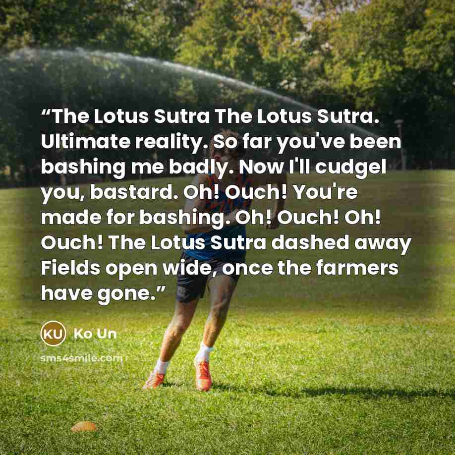 “The Lotus Sutra The Lotus Sutra. Ultimate reality. So far you've been bashing me badly. Now I'll cudgel you, bastard. Oh! Ouch! You're made for bashing. Oh! Ouch! Oh! Ouch! The Lotus Sutra dashed away Fields open wide, once the farmers have gone.” quote by Ko Un