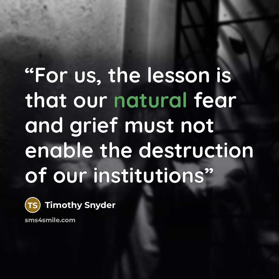 “For us, the lesson is that our natural fear and grief must not enable the destruction of our institutions” quote by Timothy Snyder