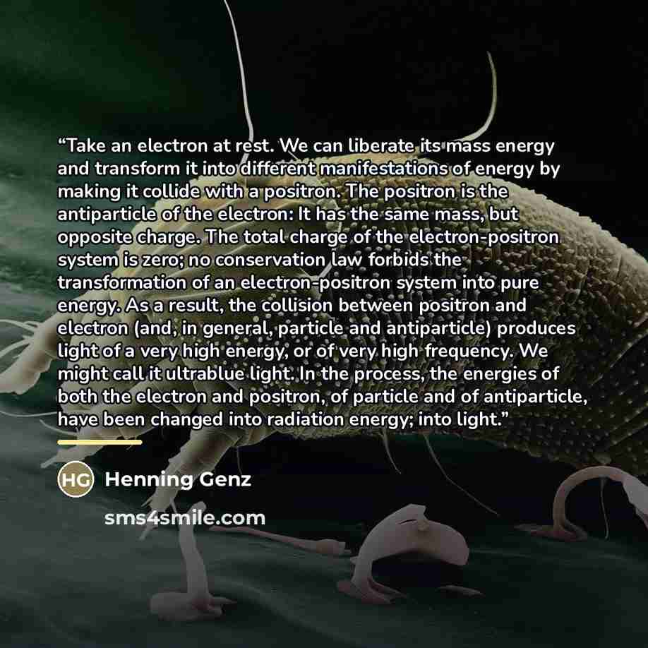“Take an electron at rest. We can liberate its mass energy and transform it into different manifestations of energy by making it collide with a positron. The positron is the antiparticle of the electron: It has the same mass, but opposite charge. The total charge of the electron-positron system is…” quote by Henning Genz