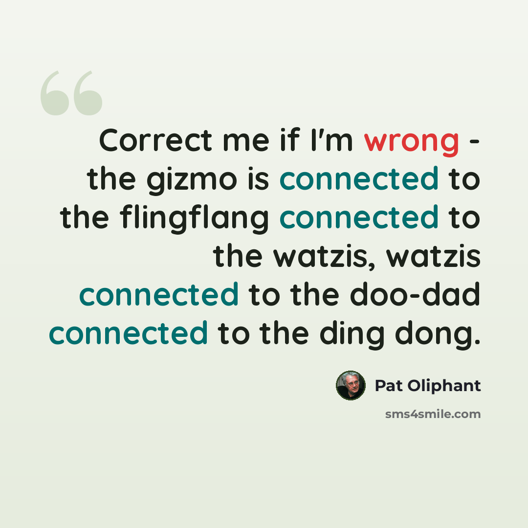 “Correct me if I'm wrong - the gizmo is connected to the flingflang connected to the watzis, watzis connected to the doo-dad connected to the ding dong.” quote by Pat Oliphant