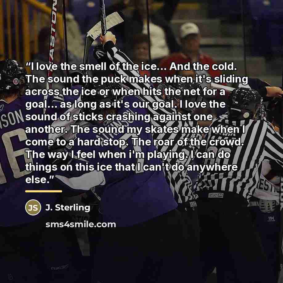 “I love the smell of the ice... And the cold. The sound the puck makes when it's sliding across the ice or when hits the net for a goal... as long as it's our goal. I love the sound of sticks crashing against one another. The sound my skates make when I come to a hard stop. The roar of the crowd…” quote by J. Sterling