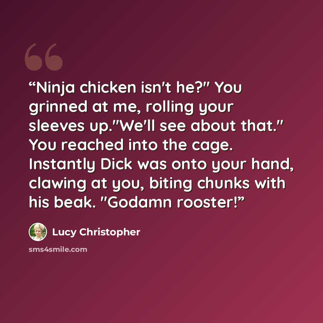 “Ninja chicken isn't he?" You grinned at me, rolling your sleeves up."We'll see about that." You reached into the cage. Instantly Dick was onto your hand, clawing at you, biting chunks with his beak. "Godamn rooster!” quote by Lucy Christopher