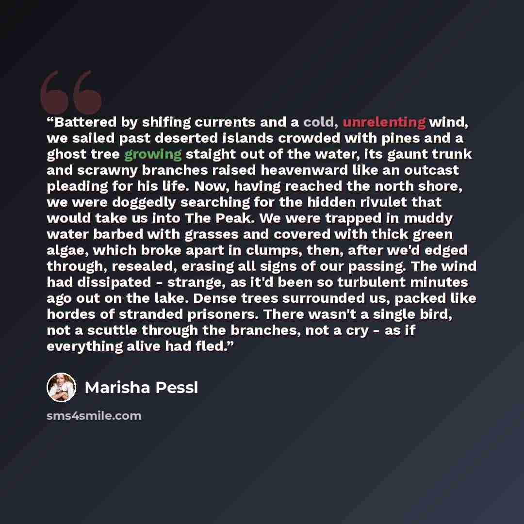 “Battered by shifing currents and a cold, unrelenting wind, we sailed past deserted islands crowded with pines and a ghost tree growing staight out of the water, its gaunt trunk and scrawny branches raised heavenward like an outcast pleading for his life. Now, having reached the north shore, we…” quote by Marisha Pessl
