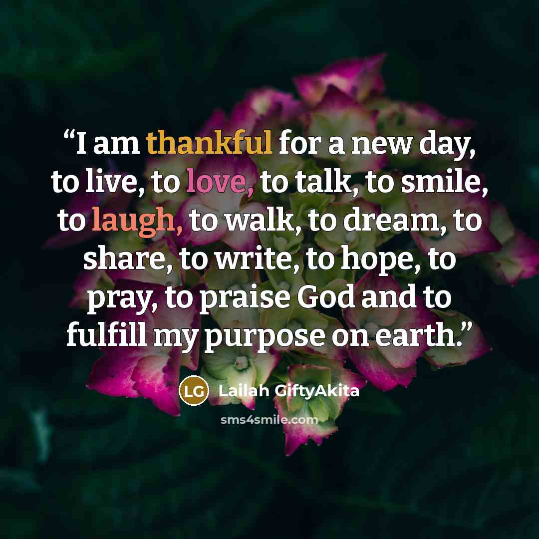 “I am thankful for a new day, to live, to love, to talk, to smile, to laugh, to walk, to dream, to share, to write, to hope, to pray, to praise God and to fulfill my purpose on earth.” quote by Lailah GiftyAkita