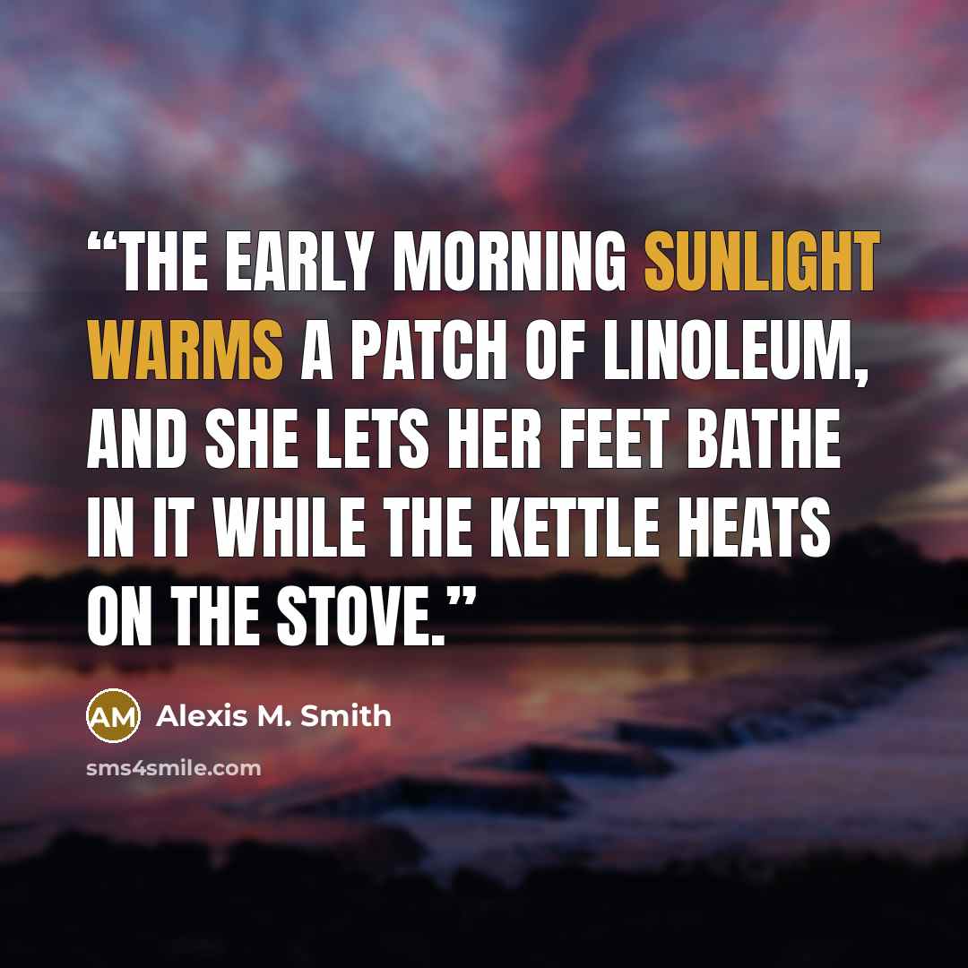 “The early morning sunlight warms a patch of linoleum, and she lets her feet bathe in it while the kettle heats on the stove.” quote by Alexis M. Smith