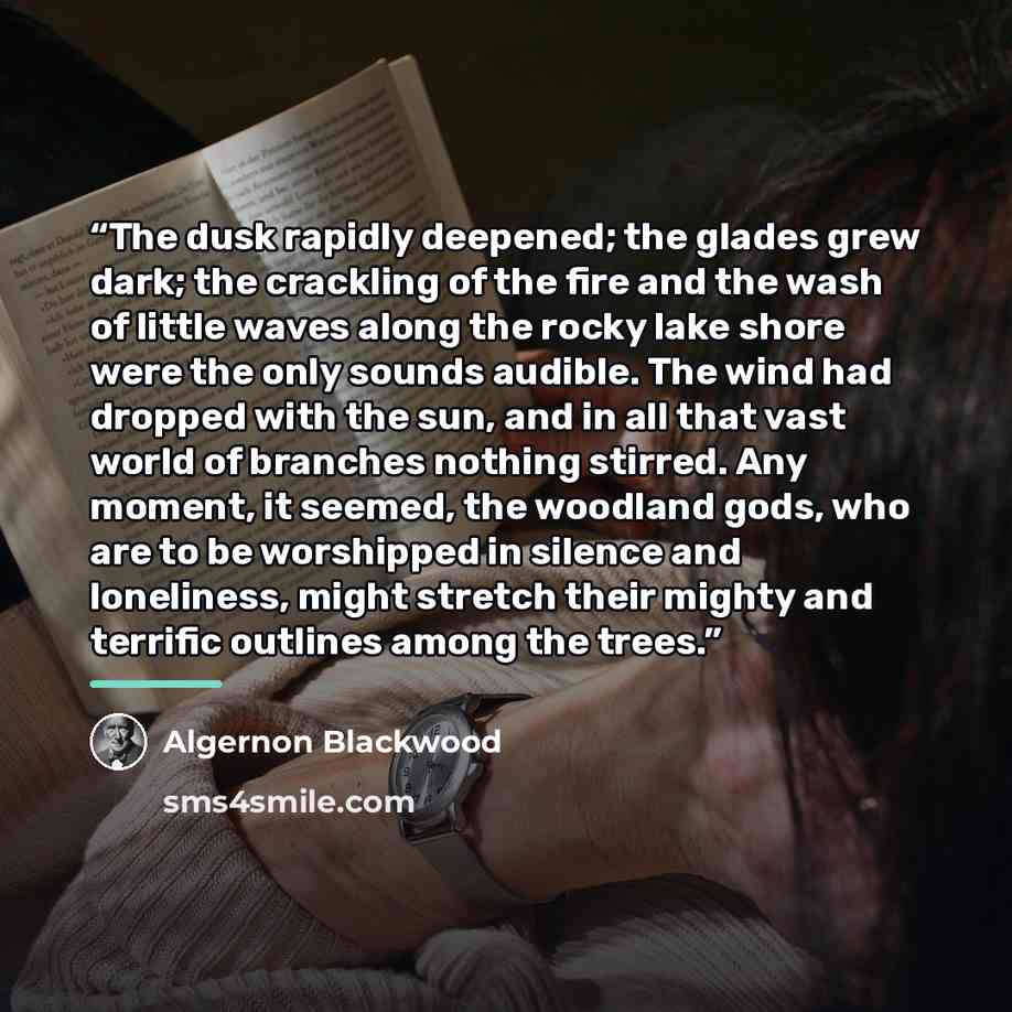 “The dusk rapidly deepened; the glades grew dark; the crackling of the fire and the wash of little waves along the rocky lake shore were the only sounds audible. The wind had dropped with the sun, and in all that vast world of branches nothing stirred. Any moment, it seemed, the woodland gods, who…” quote by Algernon Blackwood