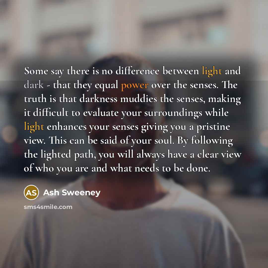 “Some say there is no difference between light and dark - that they equal power over the senses. The truth is that darkness muddies the senses, making it difficult to evaluate your surroundings while light enhances your senses giving you a pristine view. This can be said of your soul. By following…” quote by Ash Sweeney