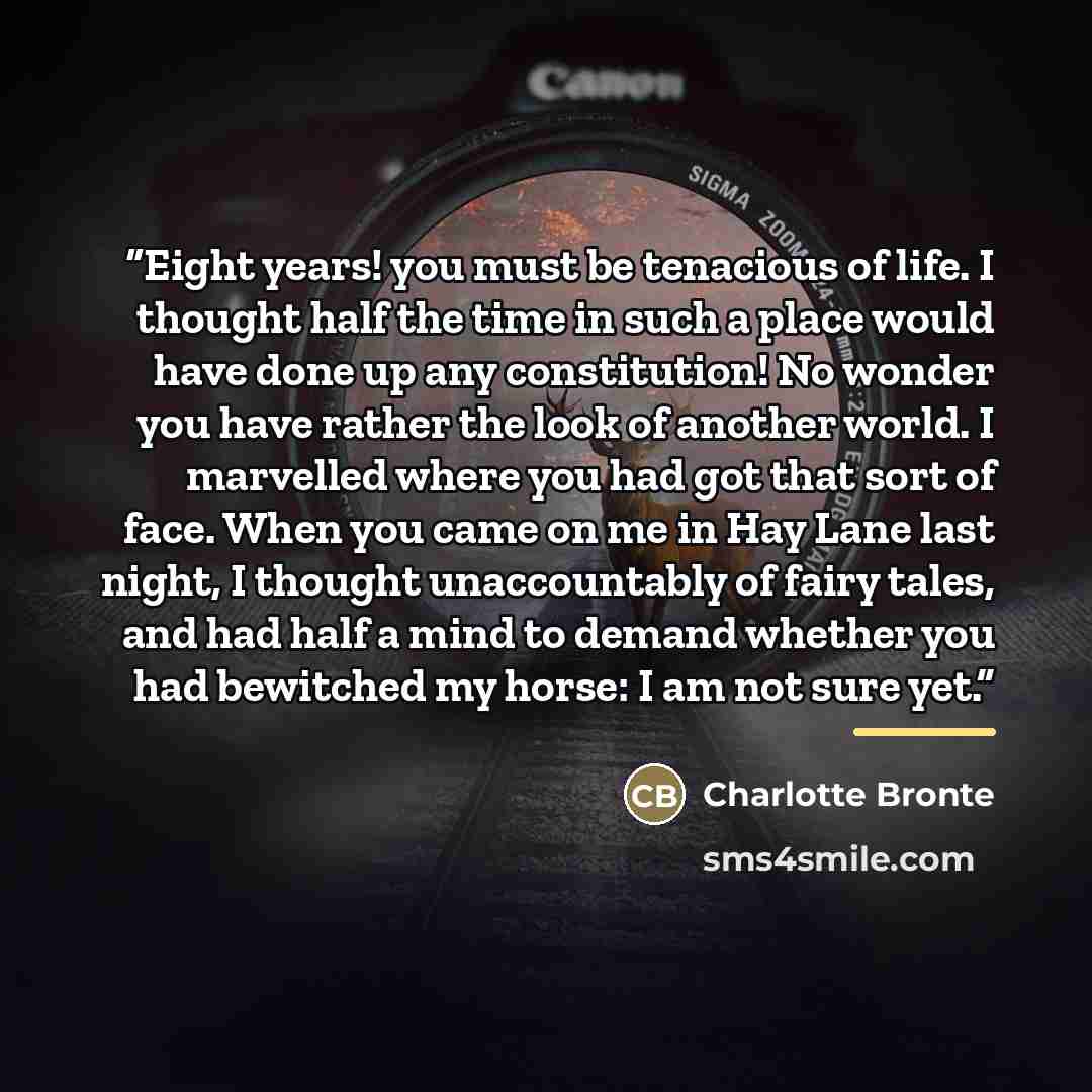 “Eight years! you must be tenacious of life. I thought half the time in such a place would have done up any constitution! No wonder you have rather the look of another world. I marvelled where you had got that sort of face. When you came on me in Hay Lane last night, I thought unaccountably of…” quote by Charlotte Brontë