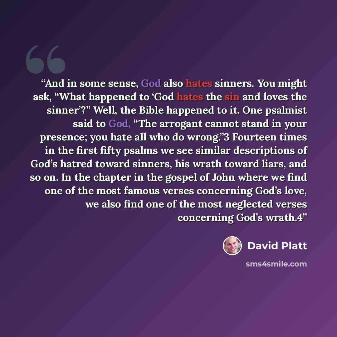 “And in some sense, God also hates sinners. You might ask, “What happened to ‘God hates the sin and loves the sinner’?” Well, the Bible happened to it. One psalmist said to God, “The arrogant cannot stand in your presence; you hate all who do wrong.”3 Fourteen times in the first fifty psalms we see…” quote by David Platt