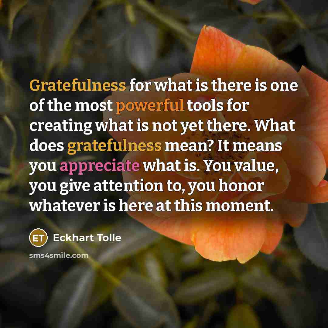 “Gratefulness for what is there is one of the most powerful tools for creating what is not yet there. What does gratefulness mean? It means you appreciate what is. You value, you give attention to, you honor whatever is here at this moment.” quote by Eckhart Tolle