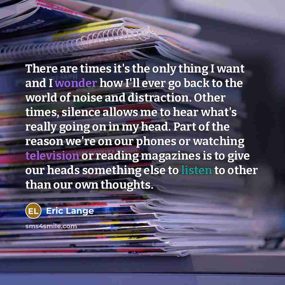 “There are times it's the only thing I want and I wonder how I'll ever go back to the world of noise and distraction. Other times, silence allows me to hear what's really going on in my head. Part of the reason we're on our phones or watching television or reading magazines is to give our heads…” quote by Eric Lange