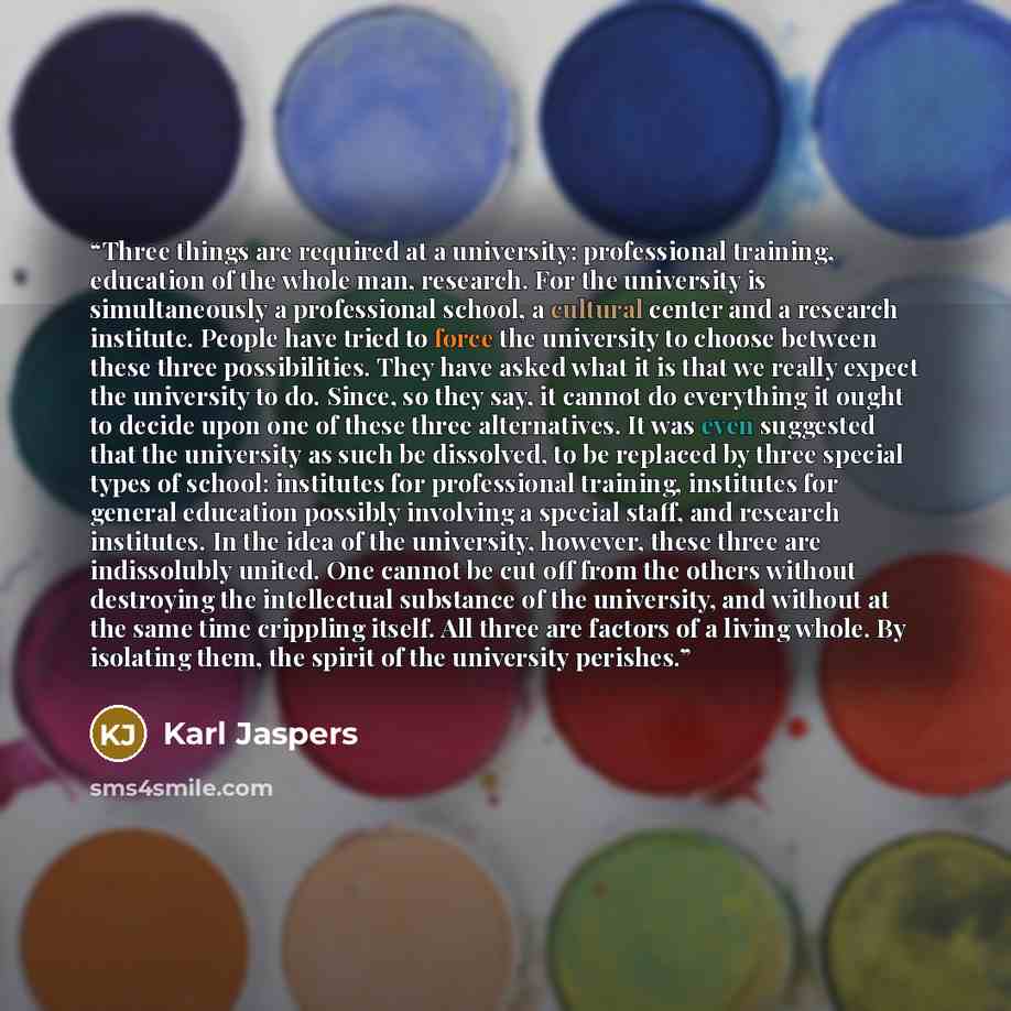 “Three things are required at a university: professional training, education of the whole man, research. For the university is simultaneously a professional school, a cultural center and a research institute. People have tried to force the university to choose between these three possibilities…” quote by Karl Jaspers
