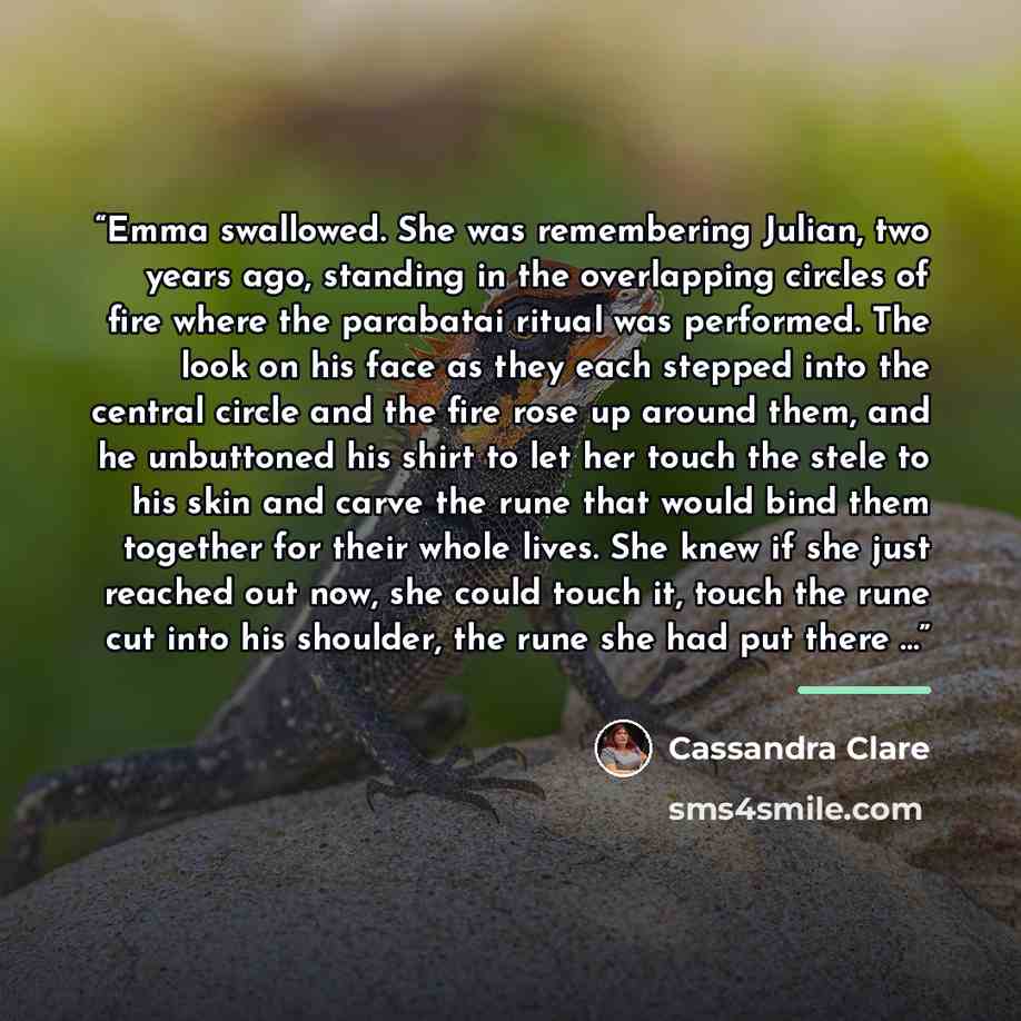 “Emma swallowed. She was remembering Julian, two years ago, standing in the overlapping circles of fire where the parabatai ritual was performed. The look on his face as they each stepped into the central circle and the fire rose up around them, and he unbuttoned his shirt to let her touch the…” quote by Cassandra Clare