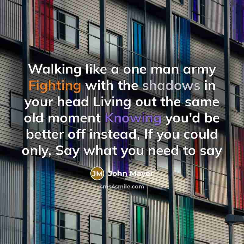 “Walking like a one man army Fighting with the shadows in your head Living out the same old moment Knowing you'd be better off instead, If you could only, Say what you need to say” quote by John Mayer