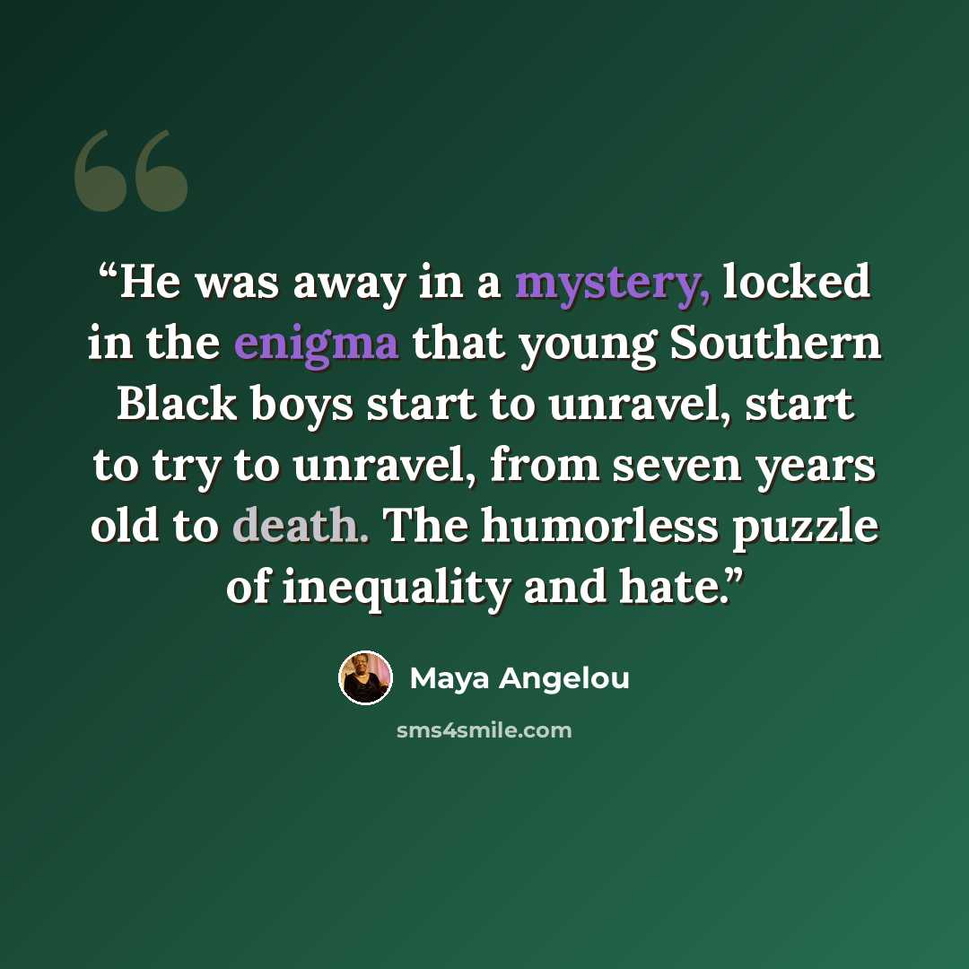 “He was away in a mystery, locked in the enigma that young Southern Black boys start to unravel, start to try to unravel, from seven years old to death. The humorless puzzle of inequality and hate.” quote by Maya Angelou