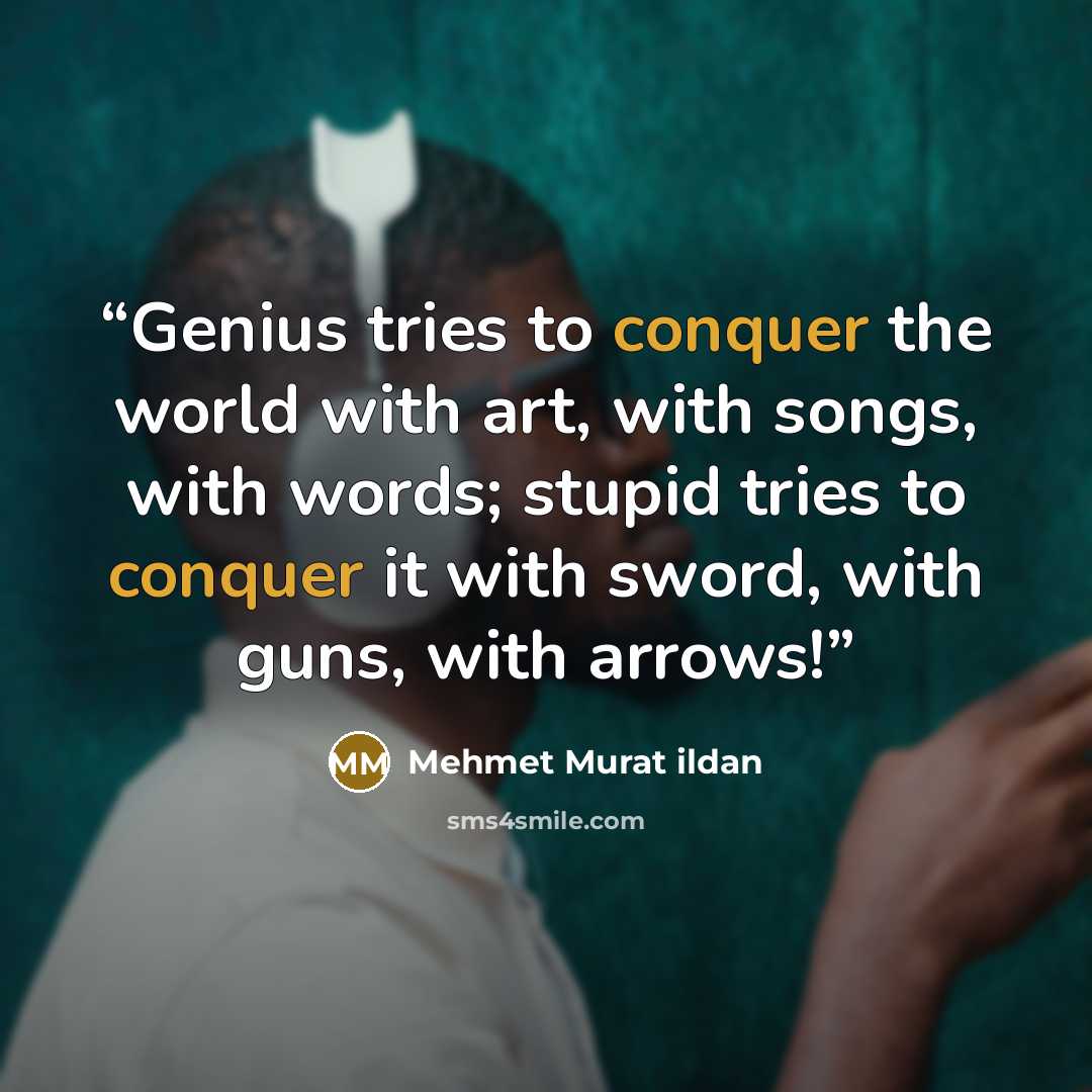 “Genius tries to conquer the world with art, with songs, with words; stupid tries to conquer it with sword, with guns, with arrows!” quote by Mehmet Murat ildan