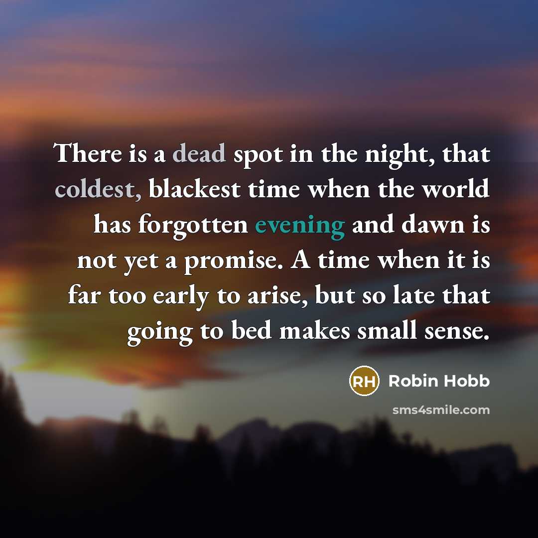 “There is a dead spot in the night, that coldest, blackest time when the world has forgotten evening and dawn is not yet a promise. A time when it is far too early to arise, but so late that going to bed makes small sense.” quote by Robin Hobb