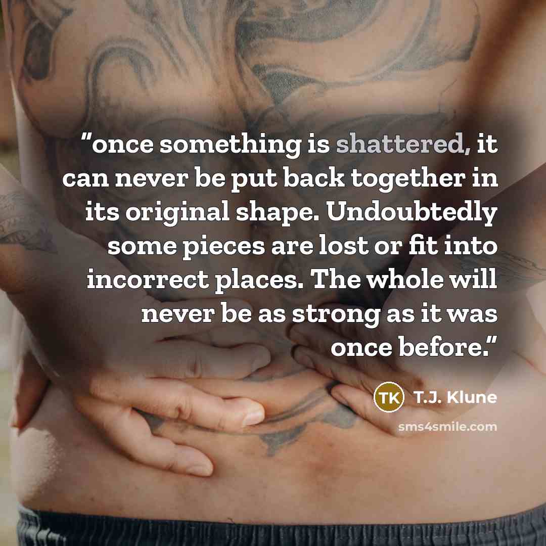 “once something is shattered, it can never be put back together in its original shape. Undoubtedly some pieces are lost or fit into incorrect places. The whole will never be as strong as it was once before.” quote by T.J. Klune