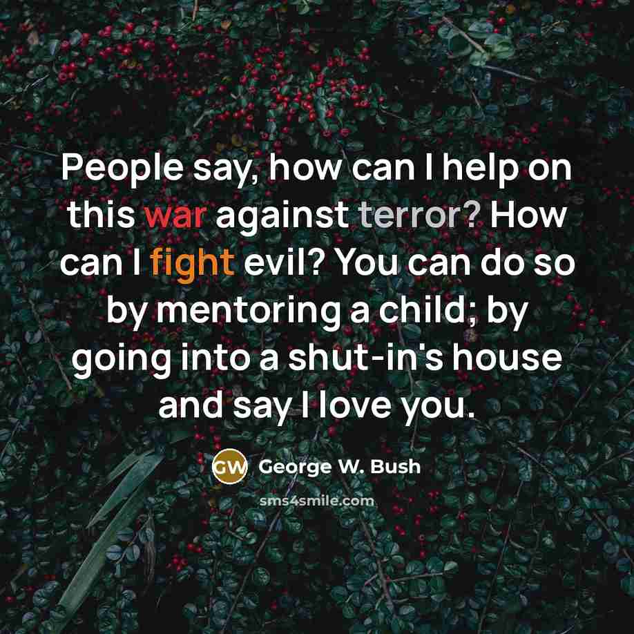“People say, how can I help on this war against terror? How can I fight evil? You can do so by mentoring a child; by going into a shut-in's house and say I love you.” quote by George W. Bush