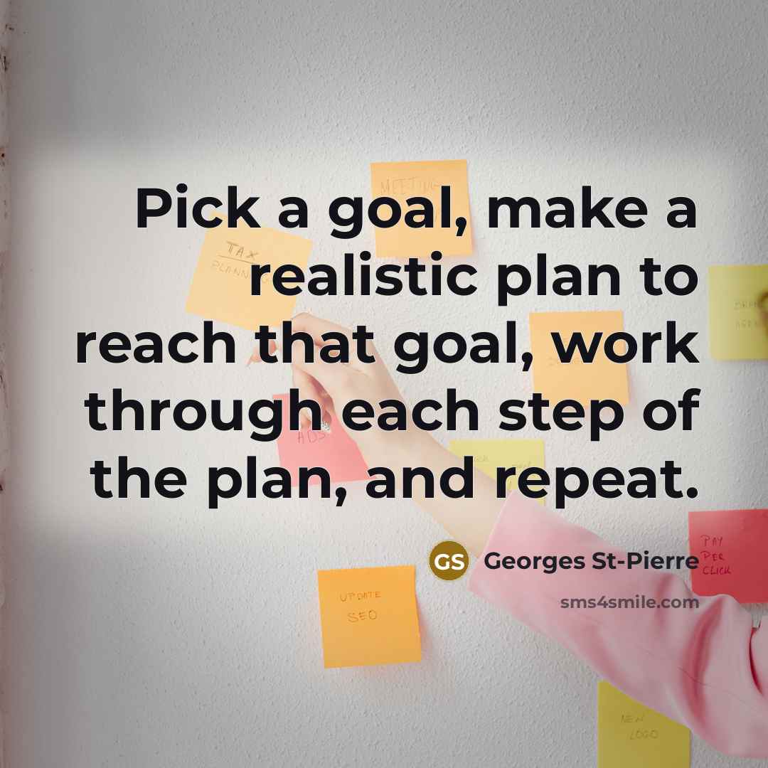 “Pick a goal, make a realistic plan to reach that goal, work through each step of the plan, and repeat.” quote by Georges St-Pierre
