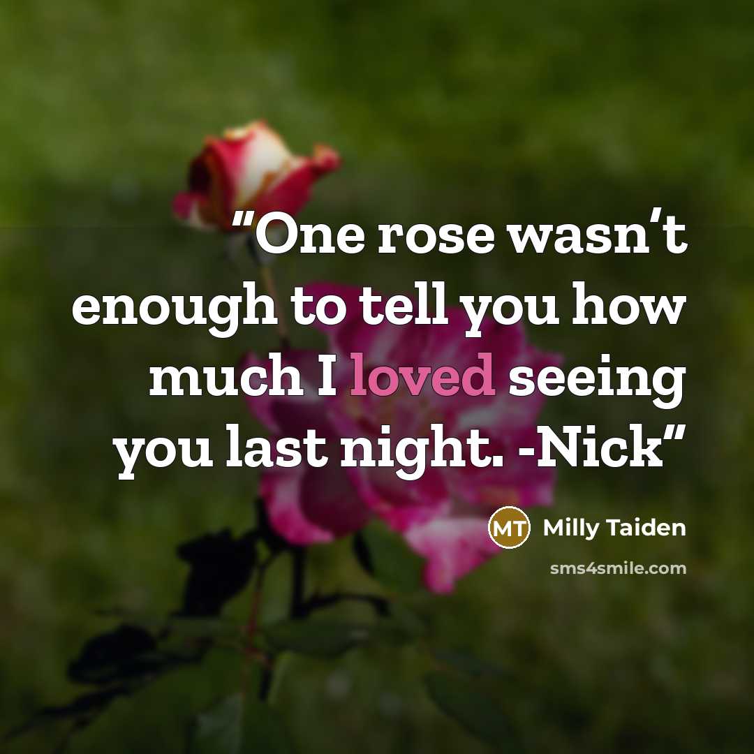 “One rose wasn’t enough to tell you how much I loved seeing you last night. -Nick” quote by Milly Taiden