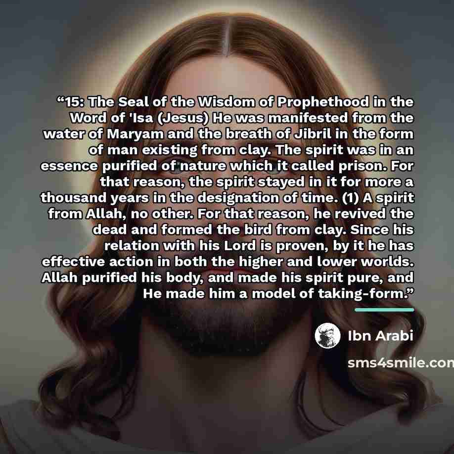 “15: The Seal of the Wisdom of Prophethood in the Word of 'Isa (Jesus) He was manifested from the water of Maryam and the breath of Jibril in the form of man existing from clay. The spirit was in an essence purified of nature which it called prison. For that reason, the spirit stayed in it for more…” quote by Ibn Arabi