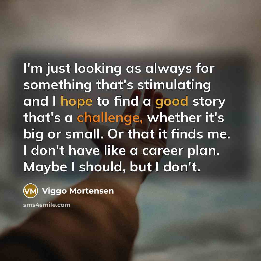 “I'm just looking as always for something that's stimulating and I hope to find a good story that's a challenge, whether it's big or small. Or that it finds me. I don't have like a career plan. Maybe I should, but I don't.” quote by Viggo Mortensen