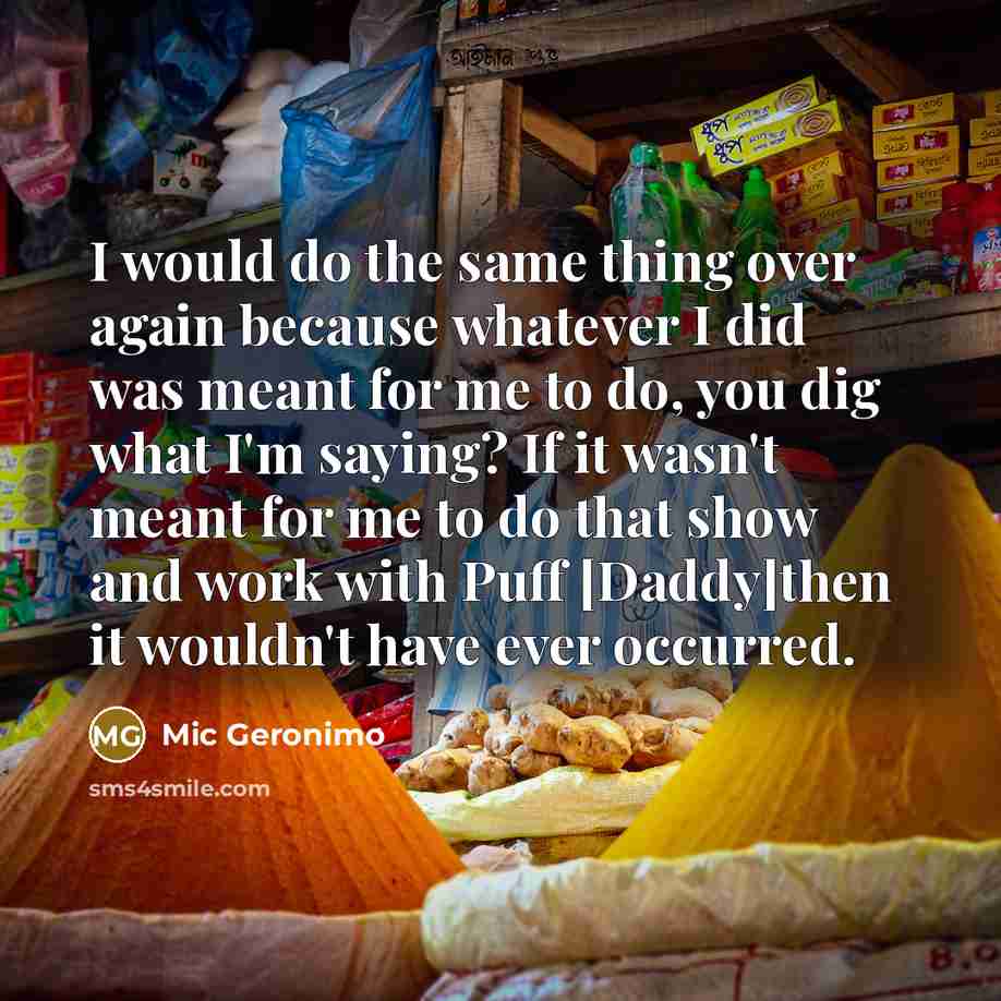 “I would do the same thing over again because whatever I did was meant for me to do, you dig what I'm saying? If it wasn't meant for me to do that show and work with Puff [Daddy]then it wouldn't have ever occurred.” quote by Mic Geronimo