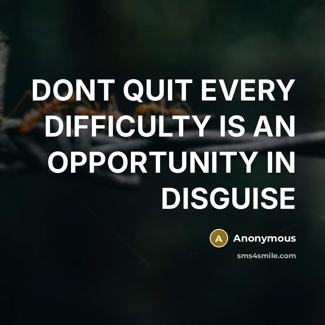“DONT QUIT EVERY DIFFICULTY IS AN OPPORTUNITY IN DISGUISE” quote by Anonymous