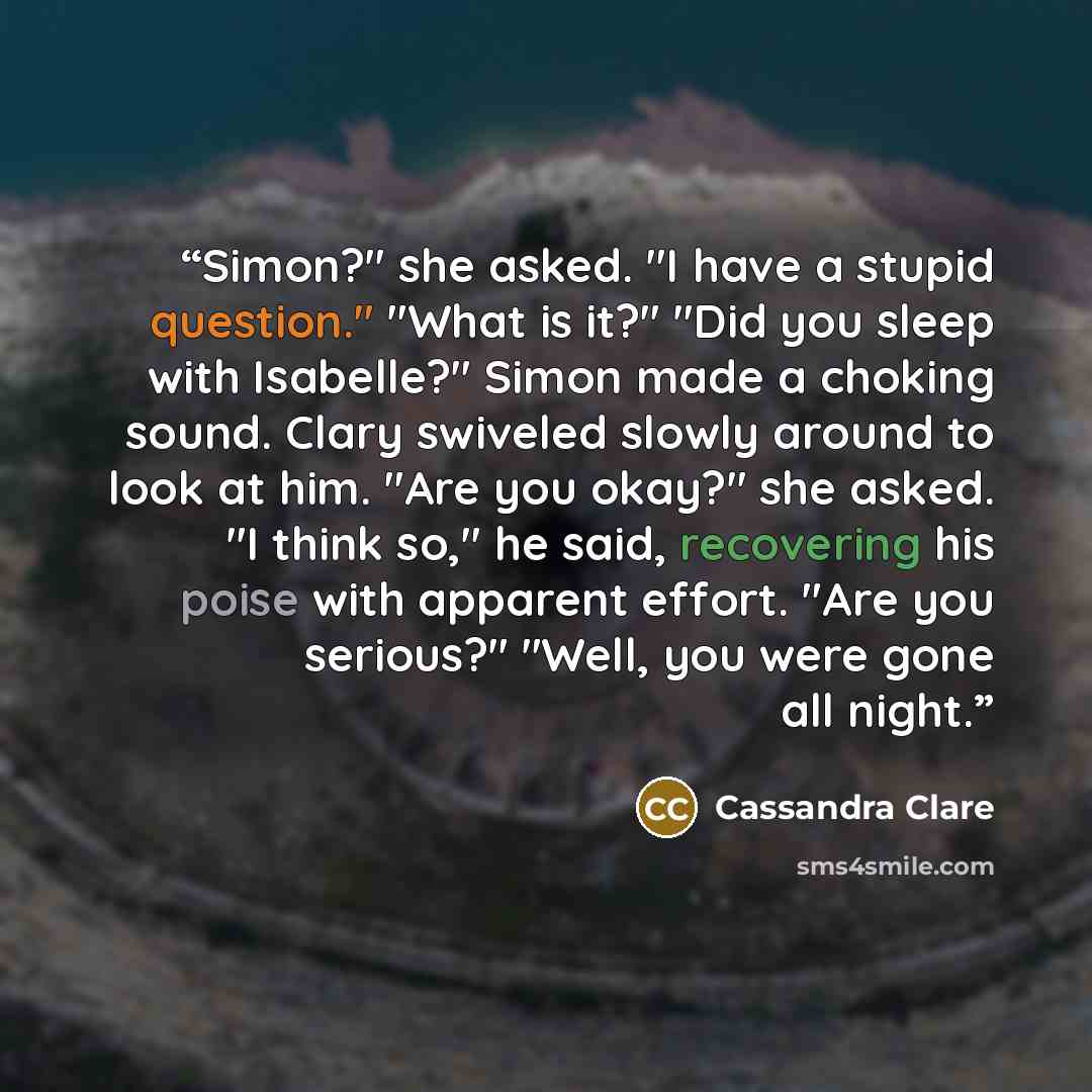 “Simon?" she asked. "I have a stupid question." "What is it?" "Did you sleep with Isabelle?" Simon made a choking sound. Clary swiveled slowly around to look at him. "Are you okay?" she asked. "I think so," he said, recovering his poise with apparent effort. "Are you serious?" "Well, you were gone…” quote by Cassandra Clare