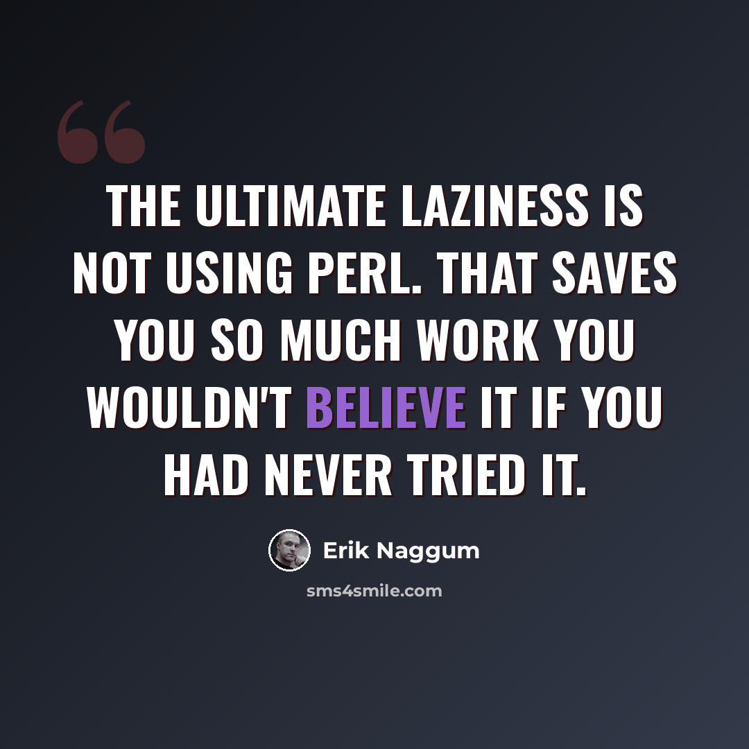 “The ultimate laziness is not using Perl. That saves you so much work you wouldn't believe it if you had never tried it.” quote by Erik Naggum