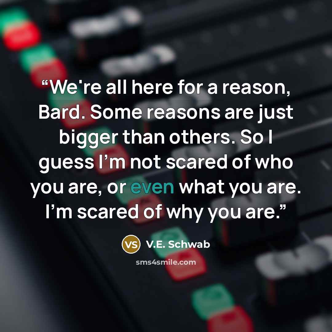 “We're all here for a reason, Bard. Some reasons are just bigger than others. So I guess I'm not scared of who you are, or even what you are. I'm scared of why you are.” quote by V.E. Schwab