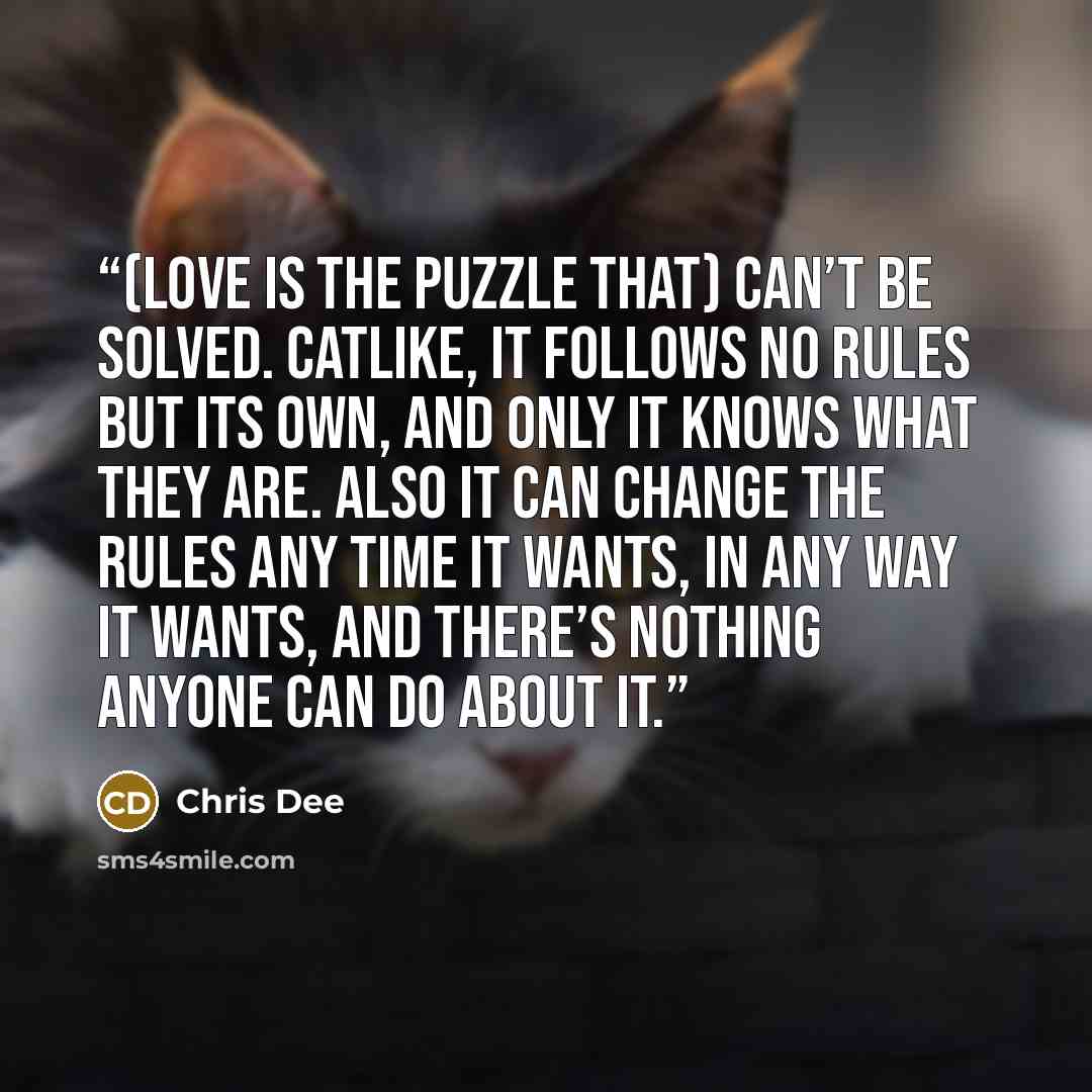 “(Love is the puzzle that) can’t be solved. Catlike, it follows no rules but its own, and only it knows what they are. Also it can change the rules any time it wants, in any way it wants, and there’s nothing anyone can do about it.” quote by Chris Dee