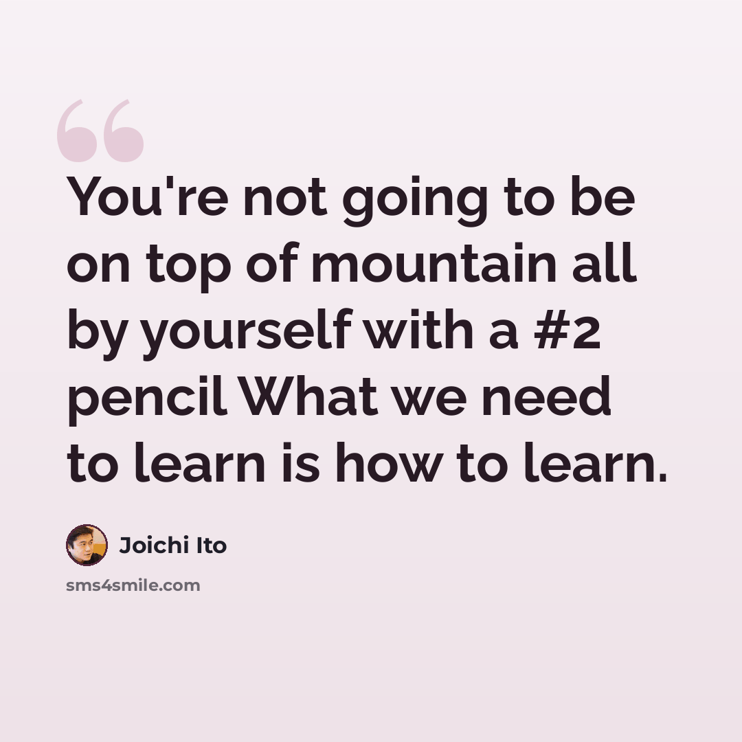“You're not going to be on top of mountain all by yourself with a #2 pencil What we need to learn is how to learn.” quote by Joichi Ito