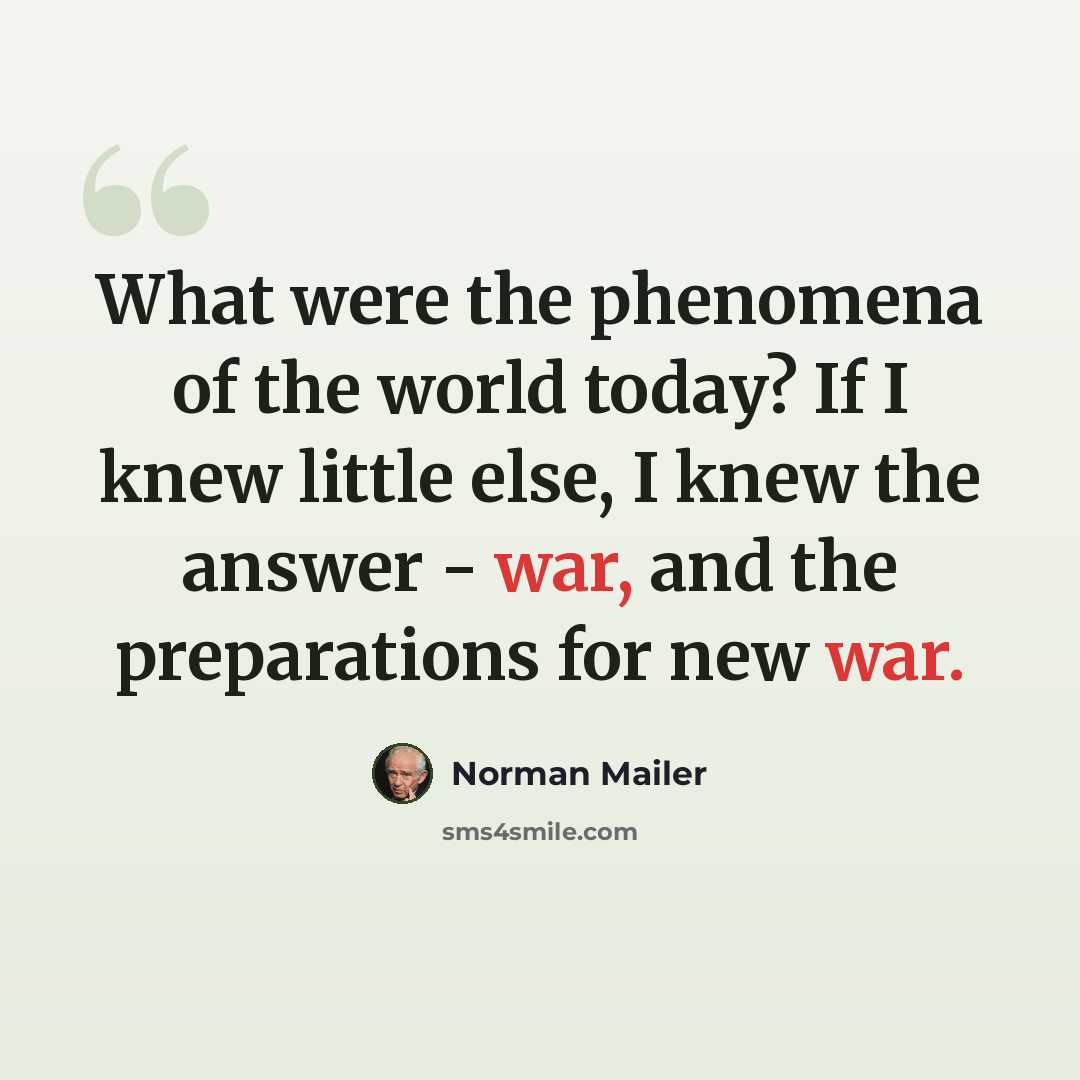 “What were the phenomena of the world today? If I knew little else, I knew the answer - war, and the preparations for new war.” quote by Norman Mailer