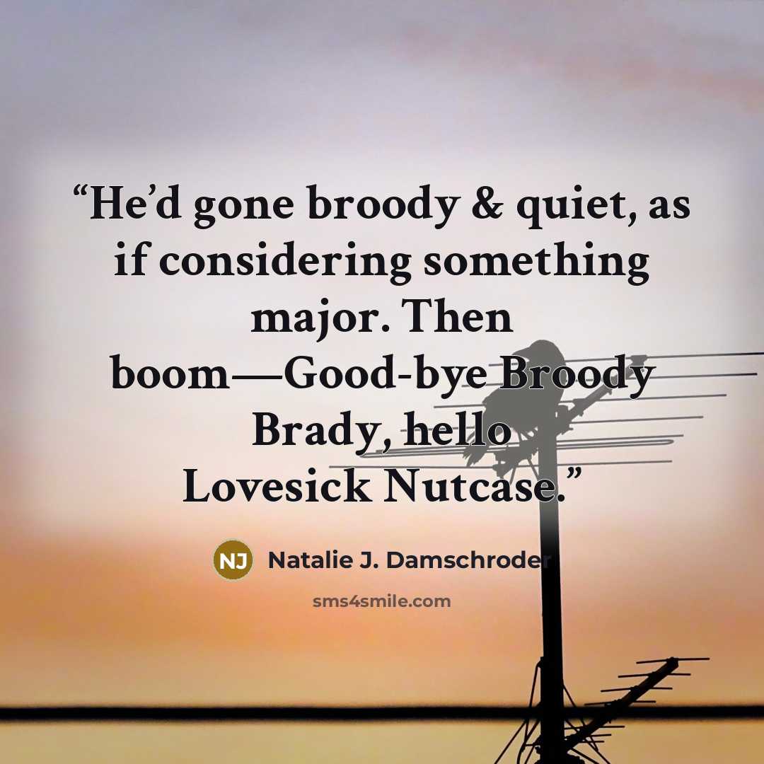 “He’d gone broody & quiet, as if considering something major. Then boom—Good-bye Broody Brady, hello Lovesick Nutcase.” quote by Natalie J. Damschroder
