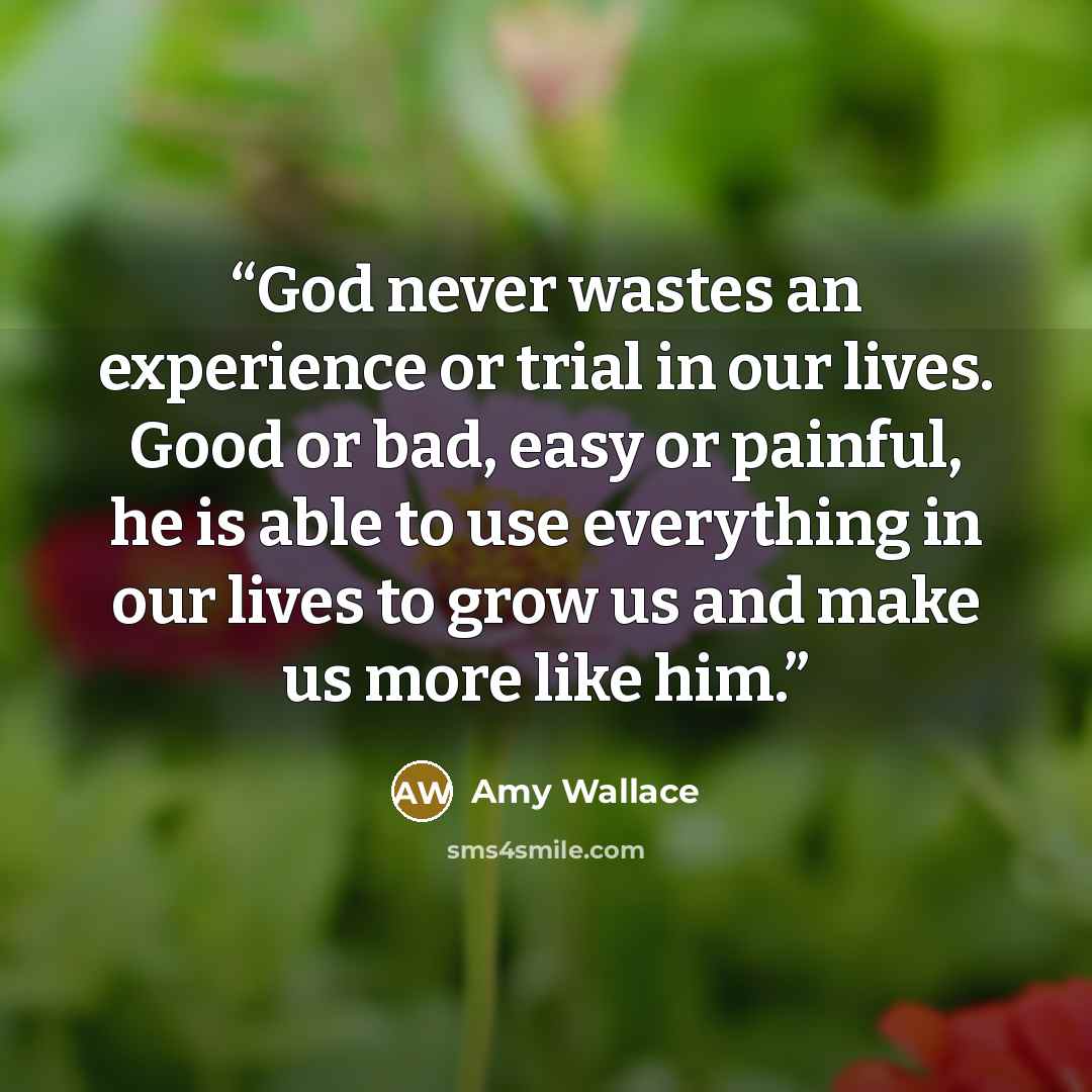 “God never wastes an experience or trial in our lives. Good or bad, easy or painful, he is able to use everything in our lives to grow us and make us more like him.” quote by Amy Wallace