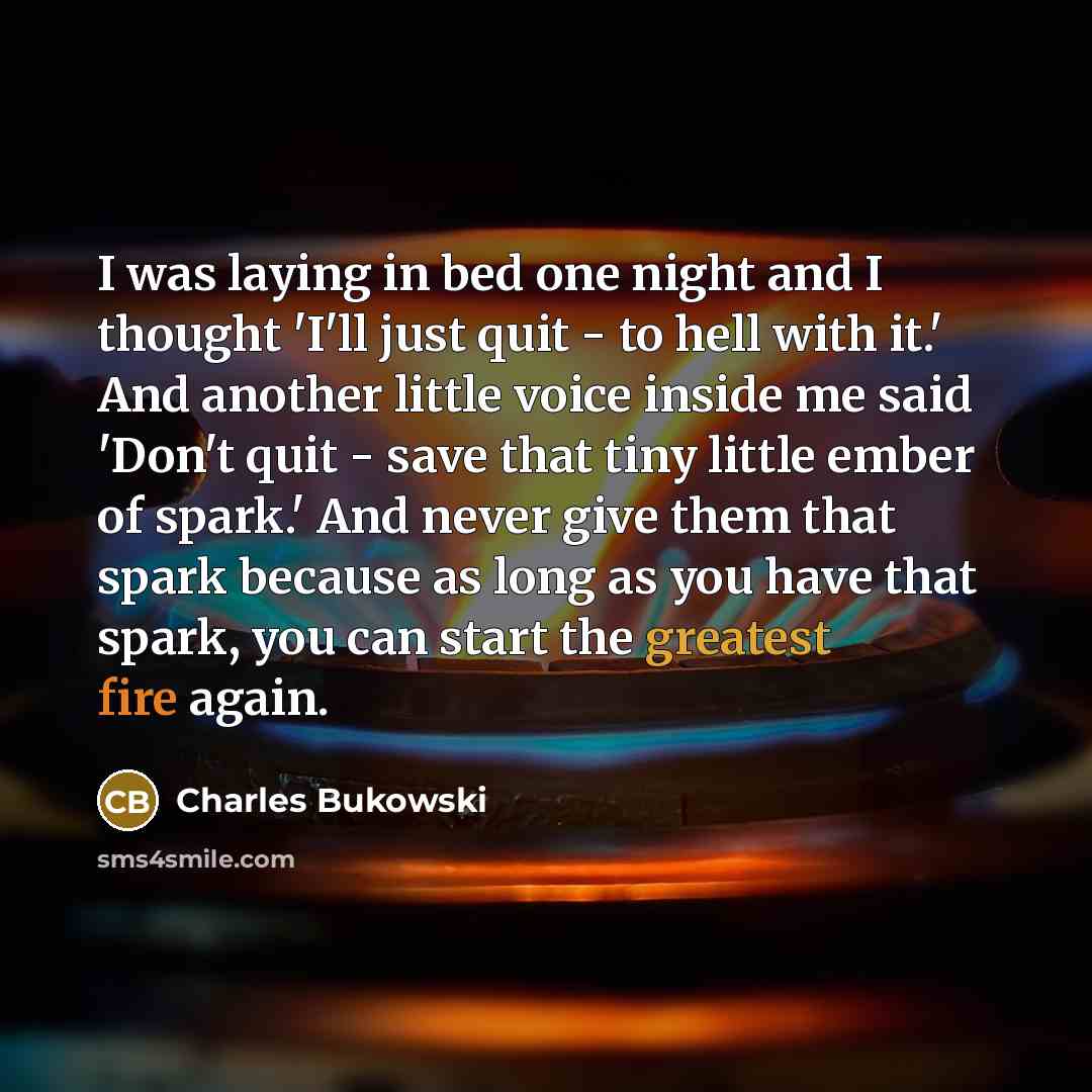 “I was laying in bed one night and I thought 'I'll just quit - to hell with it.' And another little voice inside me said 'Don't quit - save that tiny little ember of spark.' And never give them that spark because as long as you have that spark, you can start the greatest fire again.” quote by Charles Bukowski
